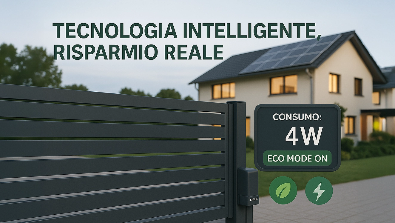 Sorce e Vannini, grazie alle tecnologie intelligenti dedicate al risparmio energetico, consiglia come risparmiare nei costi energetici riguardo il proprio cancello automatico. In foto vediamo una grafica che ritrae un classico cancello automatizzato installato da Sorce e Vannini, riferimento FAAC per il territorio di Bologna e provincia, con delle grafiche che mostrano il risparmio energetico.